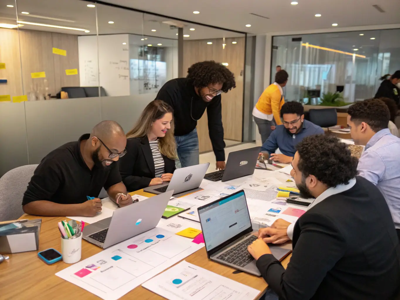 An image showing a diverse team collaborating effectively in a project room, highlighting the benefits of team collaboration coaching.